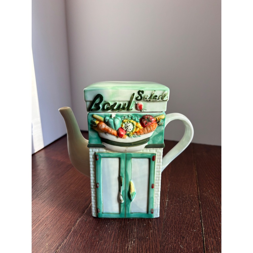 Vintage Novelty Ceramic Teapot Salad Bowl & Bowling Theme Green White Kitschy